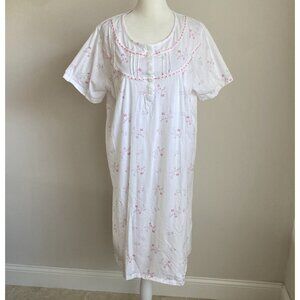 Keyocean Womens Medium M White Pink Floral Nightgown Pajamas 100% Cotton Ribbon
